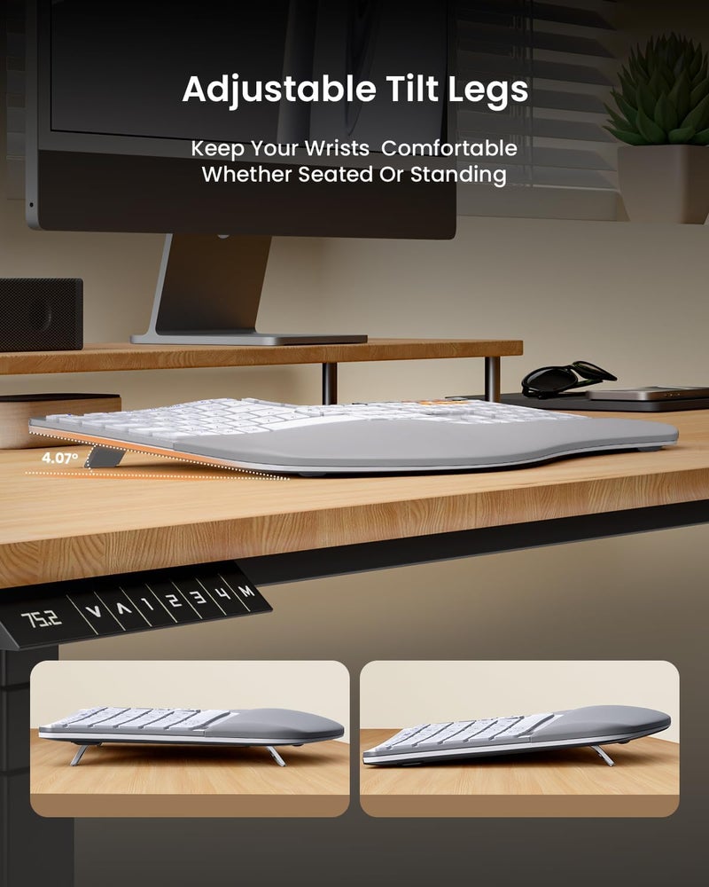 ProtoArc Ergonomic Wireless Keyboard Mouse, EKM01 Plus Full Size Ergo Bluetooth Keyboard Mouse Combo, Split Design, Wrist Rest, Multi-Device, Rechargeable, for Windows/Mac OS - White and Silver - Image 4